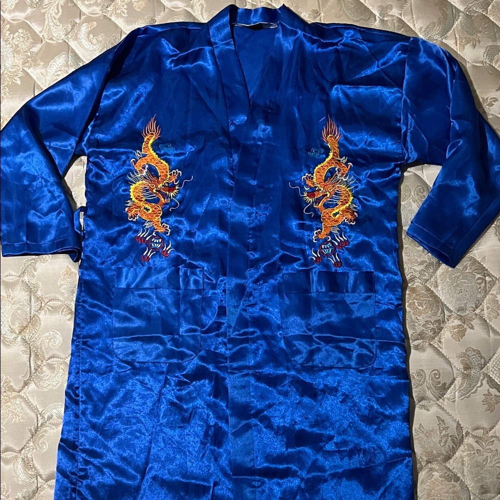 Luxurious Blue Satin-Look Kimono Robe with Dragon Embroidery